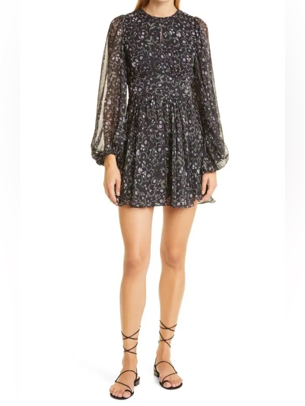 Ted Baker Black Floral Long-Sleeve Mini Dress with Purple Accents